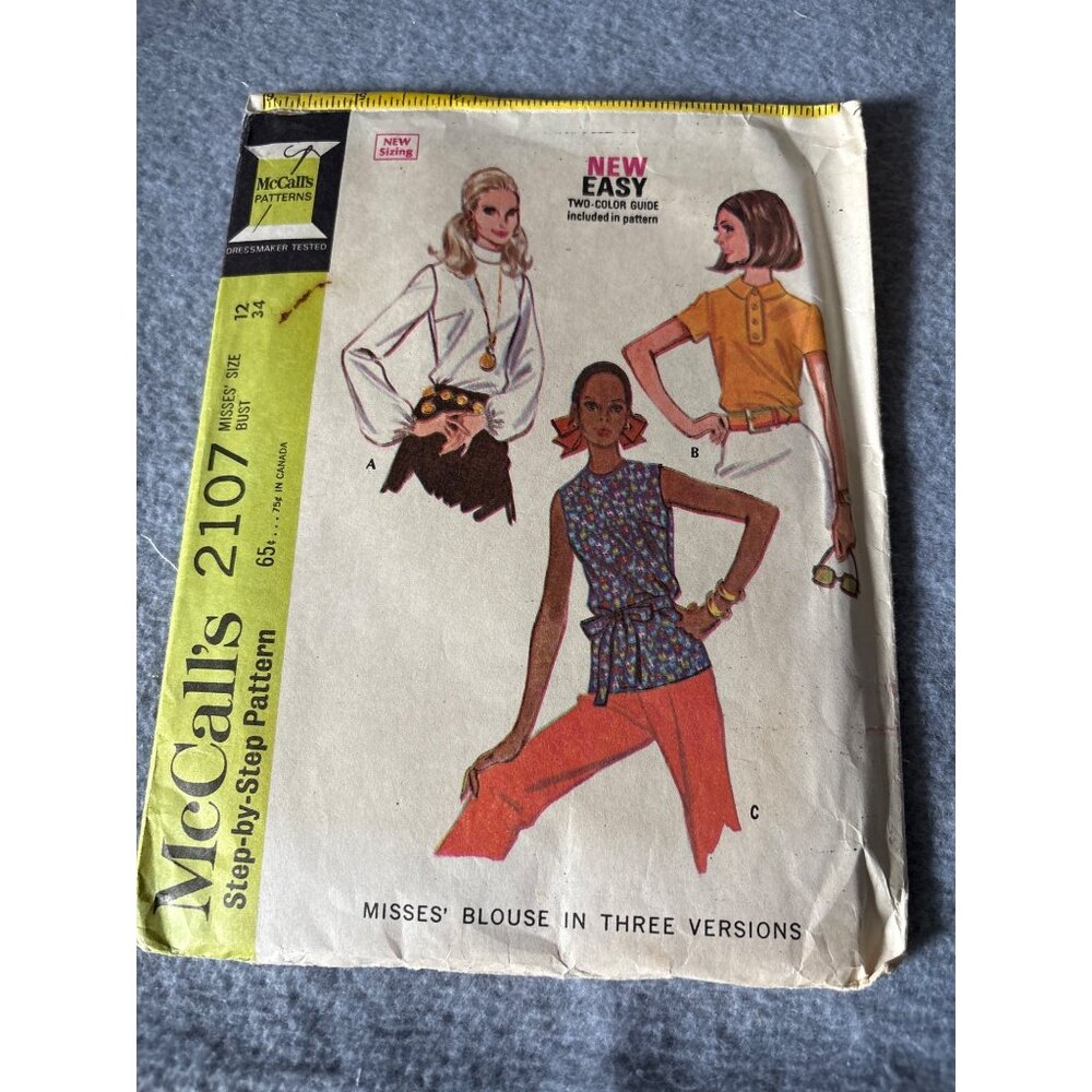 McCalls 2107 Misses Blouse Step-By-Step Pattern 1969 Sizes 12 Vintage Sewing Cra